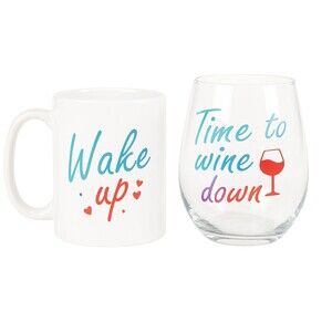 Trueliving 11 oz Ceramic Mug & 18 oz Wine Glass Set, Wake Up, Time to Wine Down